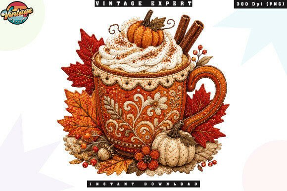 Autumn Coffee Cup Patchwork PNG for Creators