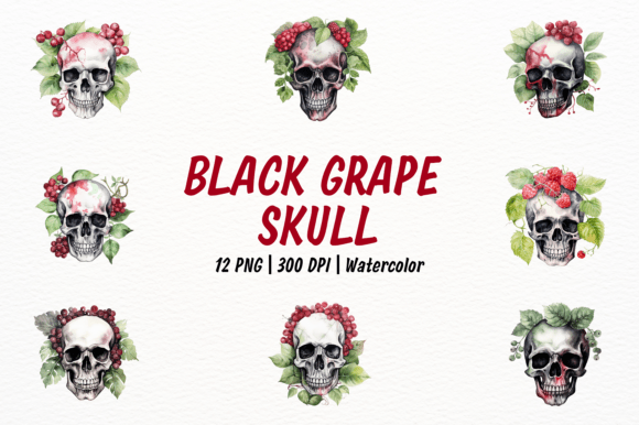 Black Skull with Grape Leaves Clipart: Merging Gothic Elegance with Botanical Artistry