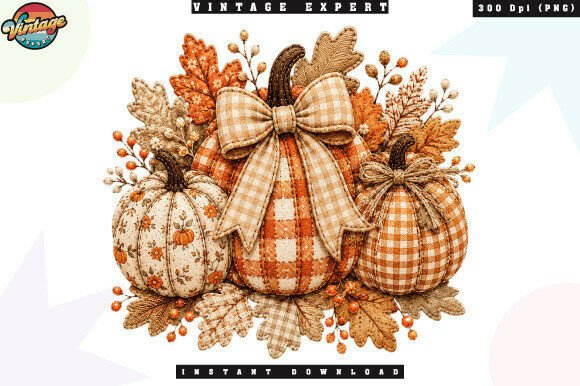 Cozy Fall Pumpkins & Bow Patchwork PNG