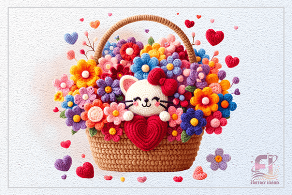 Crochet Floral Basket Heart Clipart PNG