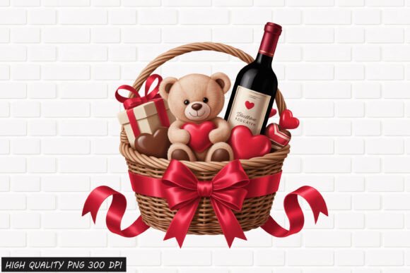 Valentine Teddy Bear Gift Basket Clipart: Elevating Digital and Print Designs